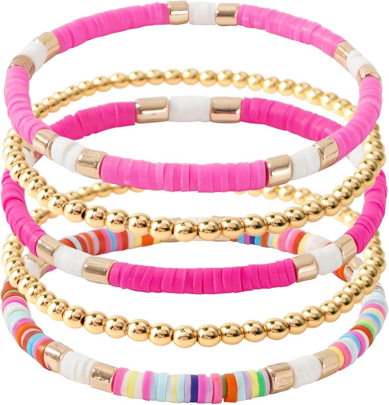 GOOJIDS Surfer Heishi Clay Bead Bracelets for Women Bohemian Stackable Gold Plated Beaded Stretch Bracelets Elastic Layering Friendship Bracelets Set Boho Jewelry - Image 1
